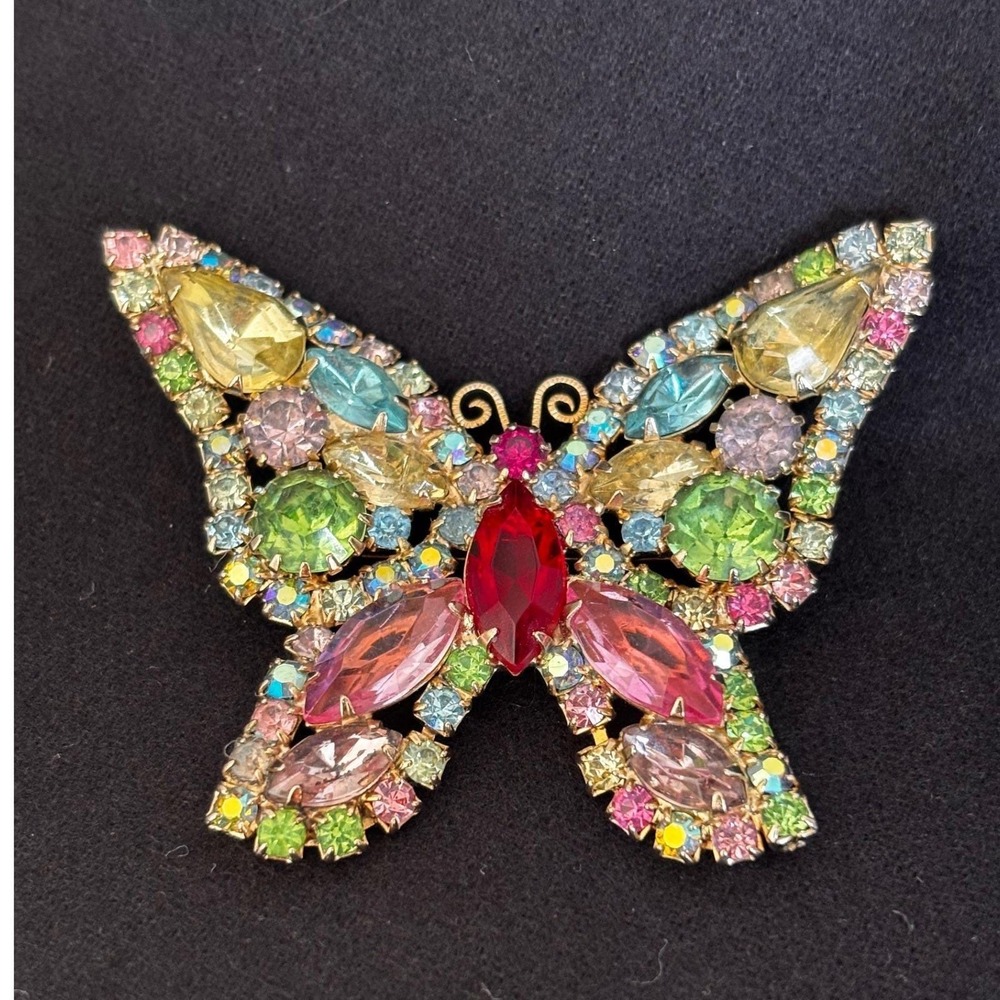 Vintage Weiss Rhinestone Butterfly Brooch Pin Multi Color Gold Tone Large